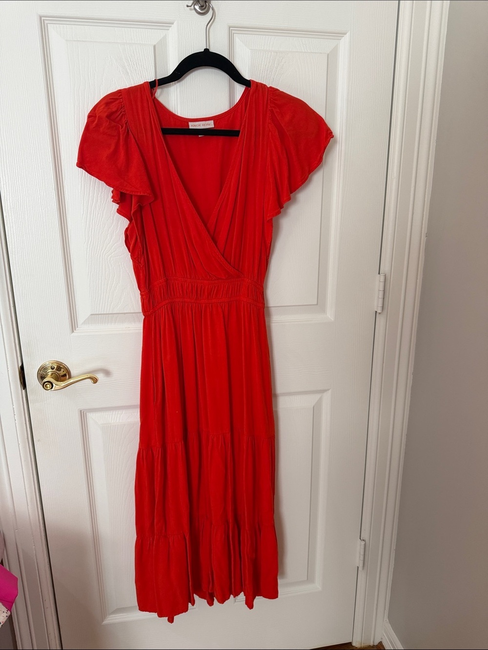 Knox Rose Red Orange Flutter-Sleeve V-Neck Tiered Maxi Dress size small